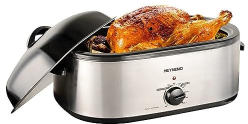 Horno asador eléctrico de 22 cuartos de galón, tostador de pavo con diseño de tapa autoservicio, horno asador eléctrico grande de acero inoxidable para pavos de hasta 26 libras