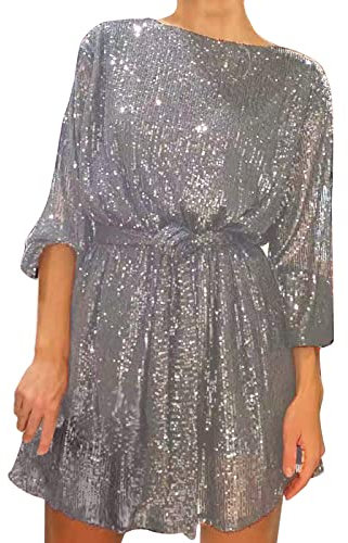 SKFLABOOF Pailettenkleider für Damen Partykleid Hochzeit Glitzer Cocktailkleid Elegant Sexy Hochzeitskleid Langarm Festlich Party Pailletten Frauen Kleider Glitzerkleid Abendkleid