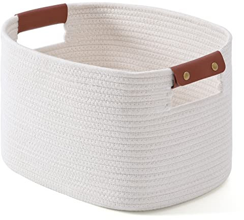 Woven Cotton Rope Storage Basket,Decorative Woven Basket,Decorative Baskets with Detachable Leather Handles for Closet Storage,Woven Baskets For Toy,Blanket, Book Storage(1 pack,White)