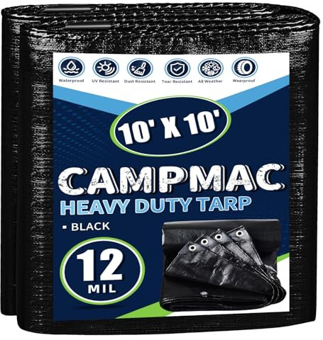 CAMPMAC Lonas negras resistentes e impermeables de 10 x 10 pulgadas, 12 mil de grosor, alta durabilidad, resistentes a desgarros y desgarros con ojales de metal cada 20 pulgadas