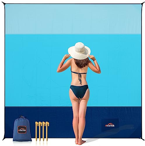 AnorTrek Sandfreie Stranddecke XL 200x200cm - Ultraleicht, Schnelltrocknend & Spritzwassergeschützt, Mehrzweck Campingdecke/Picknickmatte/Strandtuch mit Tragetasche & ABS-Heringen