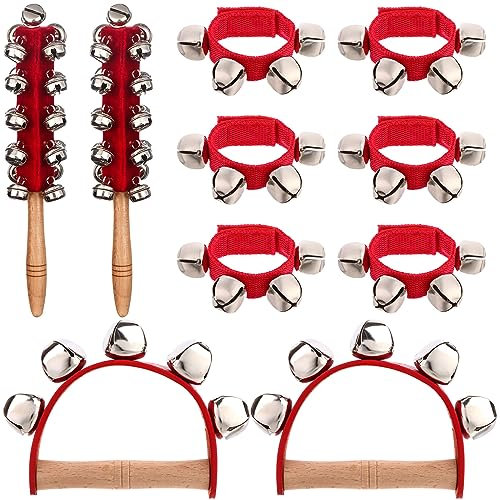 RUDFUZ 10PCS Weihnachts Griff Jingle Bells Rot Holzgriff Glocken Jingle Shaker Schlitten Bell Handgelenk Glocken Musikalisches Rhythmus Spielzeug für Party bevorzugt Familien versammlungen Geschenk