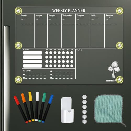 LVNRIDS Calendario Magnético Nevera, 16.5 x 12 inch Acrílico Pizarra Nevera Magnetica Transparente, Planificador Semanal Magnético Nevera con Accesorios(Semanal)