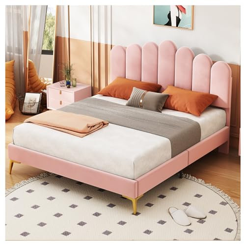 Racxily Letto imbottito matrimoniale 140 x 200 cm, letto matrimoniale,giroletto con testata e rete a doghe,Tessuto di velluto,Rosa