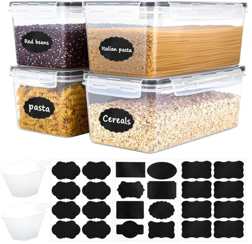 Kasanni Lot de 4 Boite Rangement Cuisine, 3.2L Boîte de Conservation Alimentaire en Plastique Sans BPA,pour Céréales,Pâtes,Farine