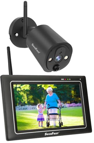 SecuFirst Caméra de Surveillance Extérieur sans Fil avec Moniteur,Écran Tactile 7+Vidéo Camera Bebe 2K QHD,Travailler sans WiFi,AI Détecteur Mouvement,Sirène,Carte SD 64Go, Interphone