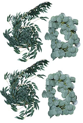 Janasiba 2X 6,5-Fuß-KüNstliche Eukalyptus-Girlande und 6-Fuß-Willow Vine Branches Leaf Garland String Tür GrüNGarland Innen- und Außenset