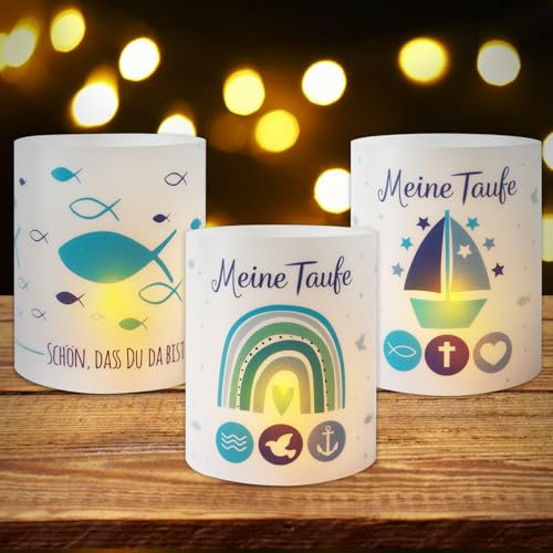 BOOMTOP 12 Windlicht Tischdeko Taufe Teelicht Lichthülle Schön DASS du da bist Mini Kerzen Deko Blau Kommunion Tischlichter Meine Taufe Konfirmation Erstkommunion Teelicht Kerzen Dekoration