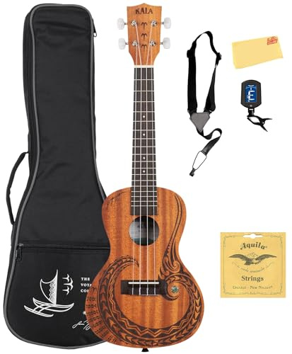 Kala Courage Mahagoni-Konzert-Ukulele – Paket mit Gigbag, Stimmgerät, Gurt, Saiten und Austin Bazaar Poliertuch