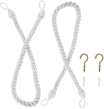 Hicello A Pair 26 Long Twisted Cord Curtain Tie Back | Simple Plain Curtain Holdback | Modern Window Drape TieBack - White