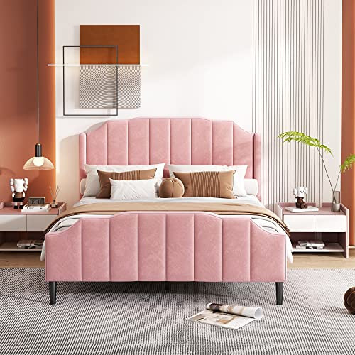Letto imbottito, letto matrimoniale, con testiera, poggiapiedi e rete a doghe, in velluto, imbottito, per ragazzi (rosa, 140 x 200 cm)