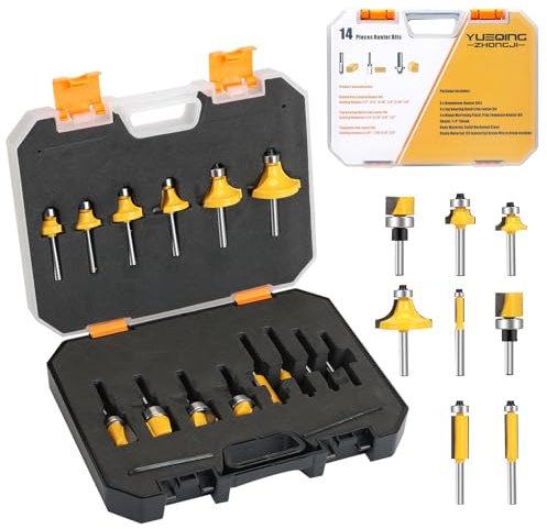 Yueqing Zhongji 14-teiliges Oberfräsen-Bit-Set, 1/4-Zoll-Schaft, konventionelles Universal-Set, Rundfräser-Bit-Set, Bündigfräser-Bit-Set, Scharnier-Einsteckschablone, Fräser-Bit-Set,