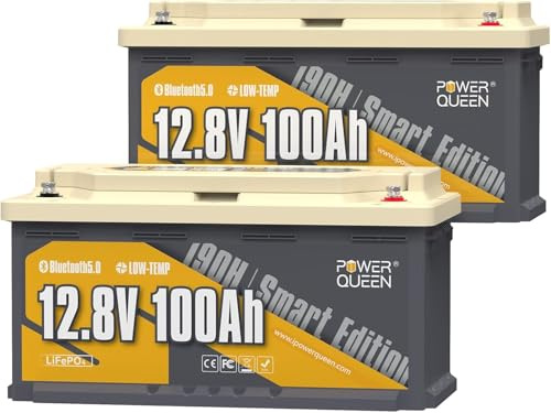Power Queen Bluetooth Batterie Lithium 12V 100Ah Batterie LiFePO4 avec Protection Low-Temp,BMS Smart 100A,15000 Cycles pour Siège de la Plupart de Camping-Cars Hauteur 190MM Caravane Bateau Solaire