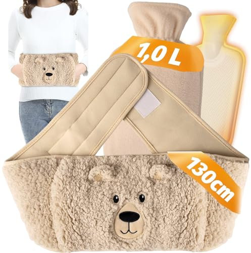 Omevett Hot Water Bottle Belt 3in1, 1L Hot Water Bottles Natural Rubber with 128cm Adjustable Belt, Portable Hot Water Bag, Leak-Proof with Lid, Removable, for Neck, Period Pain, Shoulder, Waist Warm