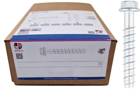 BATIFIX Betonschraube Schraubanker aus verzinktem Stahl mit angepresster Scheibe Sechskantkopf mit ETA Zulassung Option 1 für gerissenen und ungerissenen Beton (10, Ø8 x 110)