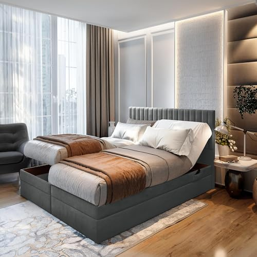 TRADA Boxspringbett ADÈLE 200x200 cm, elektrisch Bett mit Matratze + Tooper | Stoffbezug Veloursstoff, Bettkasten mit Gasautomaten, Dunkelgrau