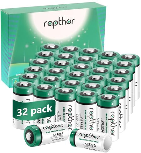Rapthor Lot de 32 piles au lithium CR123A 3 V 1650 mAh de rechange pour CR123 CR123A CR17345, certifiées CE, UL, ROHS, pour lampes de poche, appareils photo et appareils intelligents, non