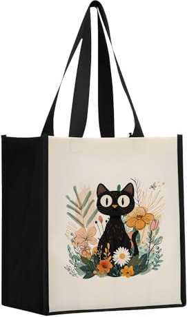 Canvas Tragetasche Stoffbeutel Bedruckt, Tote bag Damen mit langem Henkel, Baumwolltasche Shopper Handtasche Frauen Einkaufstasche, Schwarz Katze Blumen Drucktasche Einkaufsbeutel Großer Kapazität