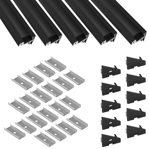 5x A20 LED Aluprofil Schwarz inkl. Abdeckung Halter Endkappen 2m schwarz | Komplettset für geschützte LED-Streifen mit Profil , Abdeckung schwarz, für LED-Streifen