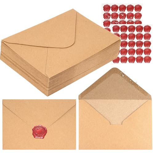 Briefumschläge C6, 50 Stück Braune Briefumschläge Ohne Fenster mit Aufklebern, 140g/m² Kraftpapier Umschläge mit Nassklebung für Einladungen Briefe Grußkarten, Geburtstagskarten 16,2 x 11,4 cm
