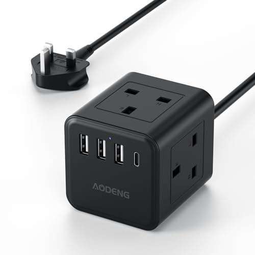 Extension Lead with 4 USB Slots, 4 Way (13A/3250W) Multi Plug Extension Cable, UK Desktop Power Extension Cord with Multi Socket, 1.5M Extension Cable for Home Office Travel Black