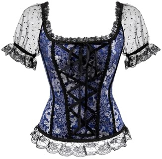 EFOFEI Women's Sexy Corset Bustier Top Semi Sheer Polka Dot Sleeves Corset Lace Ruffle Burlesque Vest Blue S