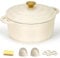 Parmedu Enameled Cast Iron Pot: 5L Heavy Duty Dutch Oven with Lid and Dual Handles in Blue - Silicone Accessories and Sponge Included, Ideal for Braising, Stewing, Roasting and Baking, Cream white