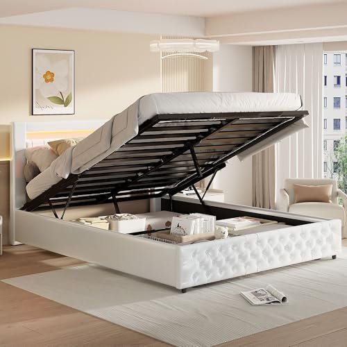 JiaOyu Hydraulisches Bett 140x200cm, Polsterbett mit Lattenrost, LED-Beleuchtung & Großem Stauraum, Doppelbett aus Kunstleder Weiß, Modernes Funktionsbett für Schlafzimmer & Gästezimmer (140x200cm)