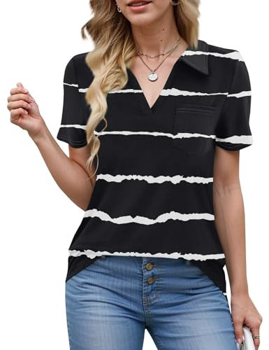 Generisch Poloshirt Für Damen Kurzarm Bluse V-Ausschnitt Mit Druck Oberteil Mit Kragen Schnelltrocknend Funktions Atmungsaktiv Locker Polohemd Für Golf Reiten Tennis Fitness Kostüm Sommer Schwarz M