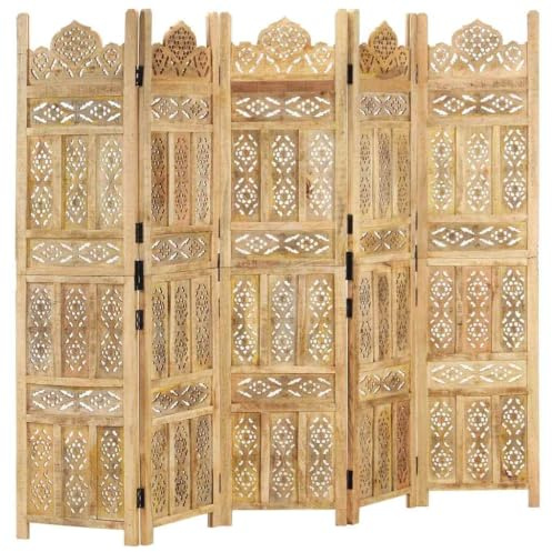 Myheimly 5-TLG. Raumteiler Mangoholz Massiv Handgeschnitzt Klappbar Trennwand Paravent Spanische Wand Umkleide Sichtschutz Handgeschnitzt 200×165 cm Mango Massivholz