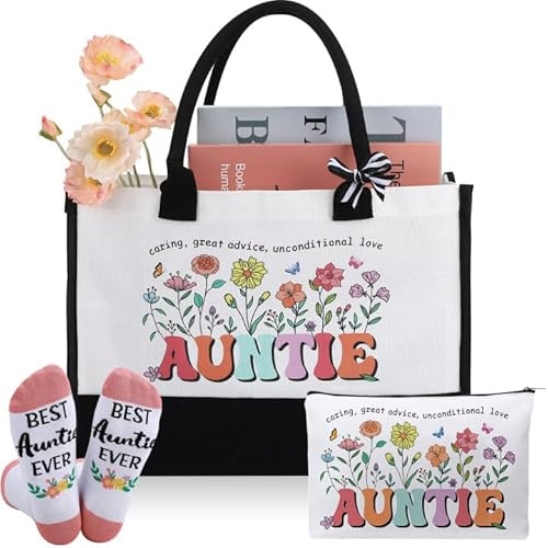 ViEinkaufen Personalised Gifts for Women,Tote Bag Makeup Bag Socks | Auntie Birthday Highland Cow Sister Christmas Thank You Leaving Retirement Gifts for Friends Teachers