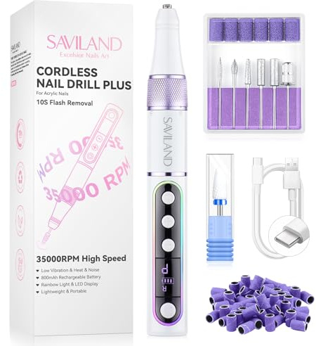 SAVILAND Advanced Cordless Electric Nail Drill: 10S Fast Removal 35000 RPM High Speed Nail File Kit for Acrylic Nail Tool Professional Rainbow Light LED Display Pro Manicure Kit Salon Travel Nail Tech