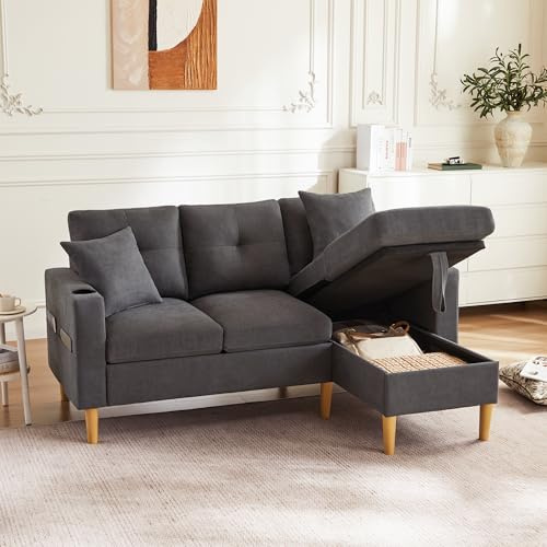 Merax Ecksofa 3-Sitzer Sofa mit Chaiselongue, verstecktem Stauraum und Getränkehalter, Eckcouch in L-Form aus Baumwoll-Leinen, Massivholzkorpus, für Wohnzimmer/Wohnung - Dunkelgrau, 175 x 129 x 90 cm