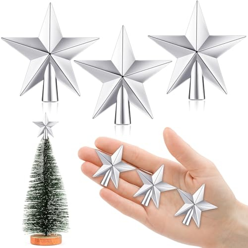 6cm Weihnachtsbaumspitze Klein, 3 Stück Christbaumspitze Klein, Kleine Weihnachtsbaum Stern Spitze, Mini Baumspitze Weihnachten für Klein Weihnachtsbaum Dekoration (6cm-Glanzfinish: Silber)