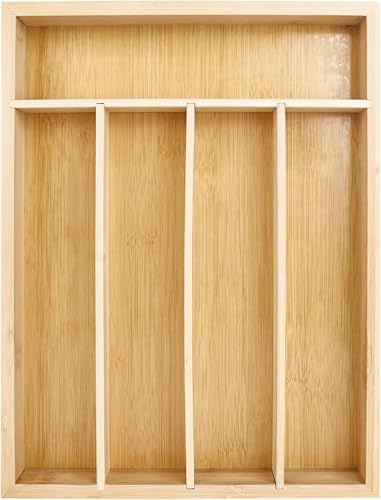 DMJJSD Cutlery Drawer Organiser, 5 Compartment Bamboo Cutlery Tray Kitchen Utensil Tray, Flatware and Silverware Holder, Wood Adjustable Storage