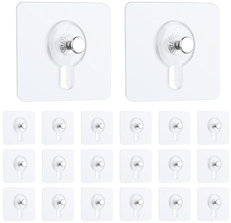 UYGTHI 20 Pcs Adhesive Picture Hooks, 15kg Max Load, Transparent Waterproof Wall Hooks for Hanging Pictures, Frames, Mirrors, No Nails, Self-Adhesive Sticky Hooks for Bathroom & Kitchen