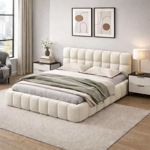 Hoscullo Bubble Bett 160x200cm, Polsterbett Doppelbett mit Lattenrost, Jugendbett, Bettgestell mit Gepolstertes Kopfteil, Leinen, Beige, ohne Matratze, für Schlafzimmer und Gästezimmer
