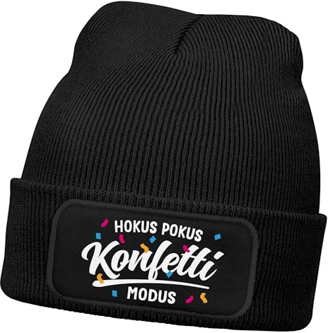 MoonWorks® Damen Beanie mit bedrucktem Patch - Hokus Pokus Konfetti Modus - Strickmütze Spruch Karneval Fasching Aufdruck Lustig Damenmütze