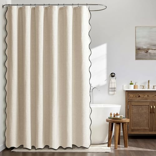 MIULEE Rideau Douche en Lin Texturé Ondulé Beige 120x180 cm | Luxe Rideau de Douche Imperméable, Anti-Moisissure Tissu Lavable Rideaux de Bain Avec 8 Crochets Métalliques