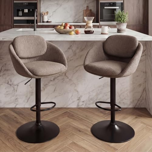 Ya-Home Barhocker 2er Set, Barstühle höhenverstellbar aus Chenille, drehbare Küchenhocker, Barstuhl mit Rückenlehne und Fußstütze, gepolsterte Tresenhocker für Esszimmer, Küche, Bar, Theke, Braun