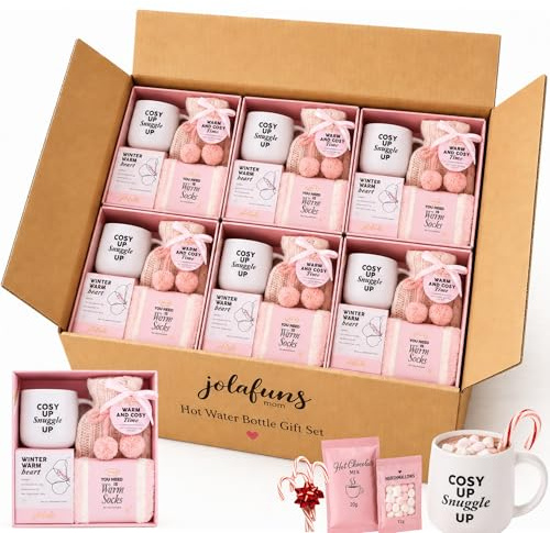 Box of Bulk Hot Water Bottle Gift Set with Mug & Hot Chocolate – Party Favor Wedding, Baptism, Corporate Gifts for Staff Employees Clients – Cozy Winter Appreciation Gift Hamper for Women & Men (6x)