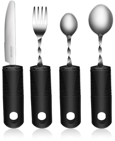 4 Pièces Ensemble D’ustensiles Noir Adaptés en Acier Inoxydable | Poignées Larges en Caoutchouc et Plastique, Flexibles et Réutilisables, pour Adultes Âgés ou Handicapés