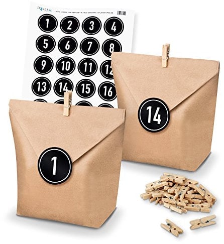 DIY Adventskalender Set zum Basteln und Selberbefüllen- Papiertüten Klammern Zahlensticker schwarz