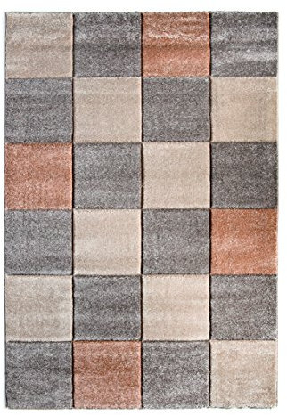 Luxor Living Teppich Modern Design Musterteppich Webteppich Kurzflor - Wohnzimmer, Esszimmer, Gästezimmer im Schachbrett Design mit 3-D Effekt komplett umkettelt 15mm Flor 67 x 140 cm