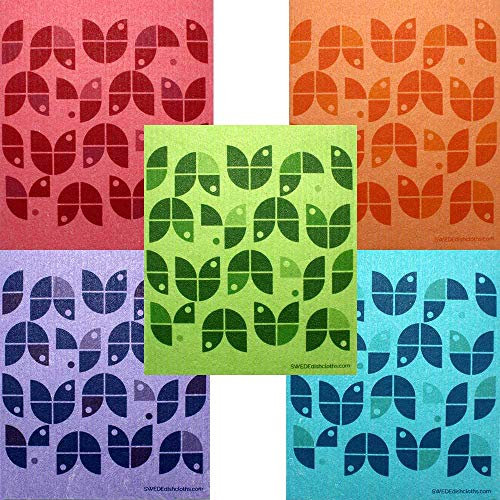 Geometric Flowers Set of 5 Cloths (one of Each Color) Swedish Dishcloths | ECO Friendly Absorbent Cleaning Cloth | Reusable Cleaning Wipes