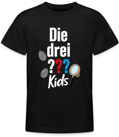 Spreadshirt Die DREI Fragezeichen Kids Logo und Gadgets Teenager T-Shirt, 134/146 (9-11 Jahre), Schwarz