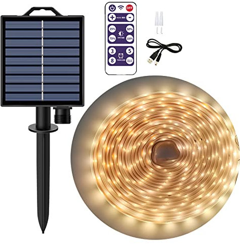 Zoross Guirlande Lumineuse Exterieur Solaire Ruban LED 5m IP67 Etanche 8 Modes Décoratifs Panneaux Solaires Bande Lumineuse Intérieur ou Extérieur pour Maison Jardin Mariage Soirée Fête Nöel etc