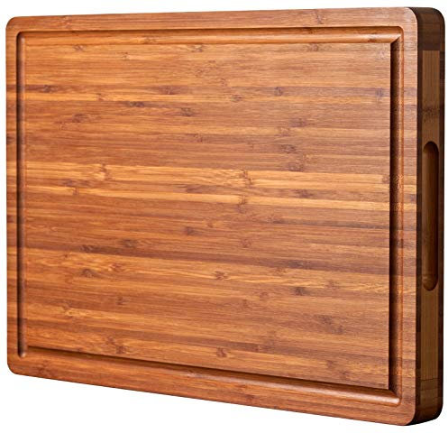 Tabla de cortar de madera de bambú extra grande, 50,8 x 38,1 cm, duradera y reversible con ranuras para jugo y asas, para quesos