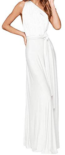 FYMNSI Damen Multiway Langes Abendkleid Hochzeit Brautjungfernkleid Bodenlang Partykleid Cocktailkleid Wickelkleid V-Ausschnitt Rückenfrei Neckholder Maxikleid Sommer Strandkleid Weiß M