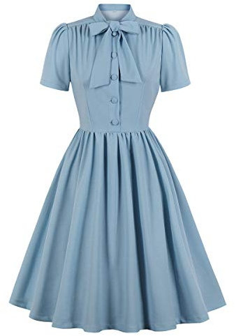 Wellwits Women's Solid Button up Tie Neck 1950s Vintage Shirt Dress XL